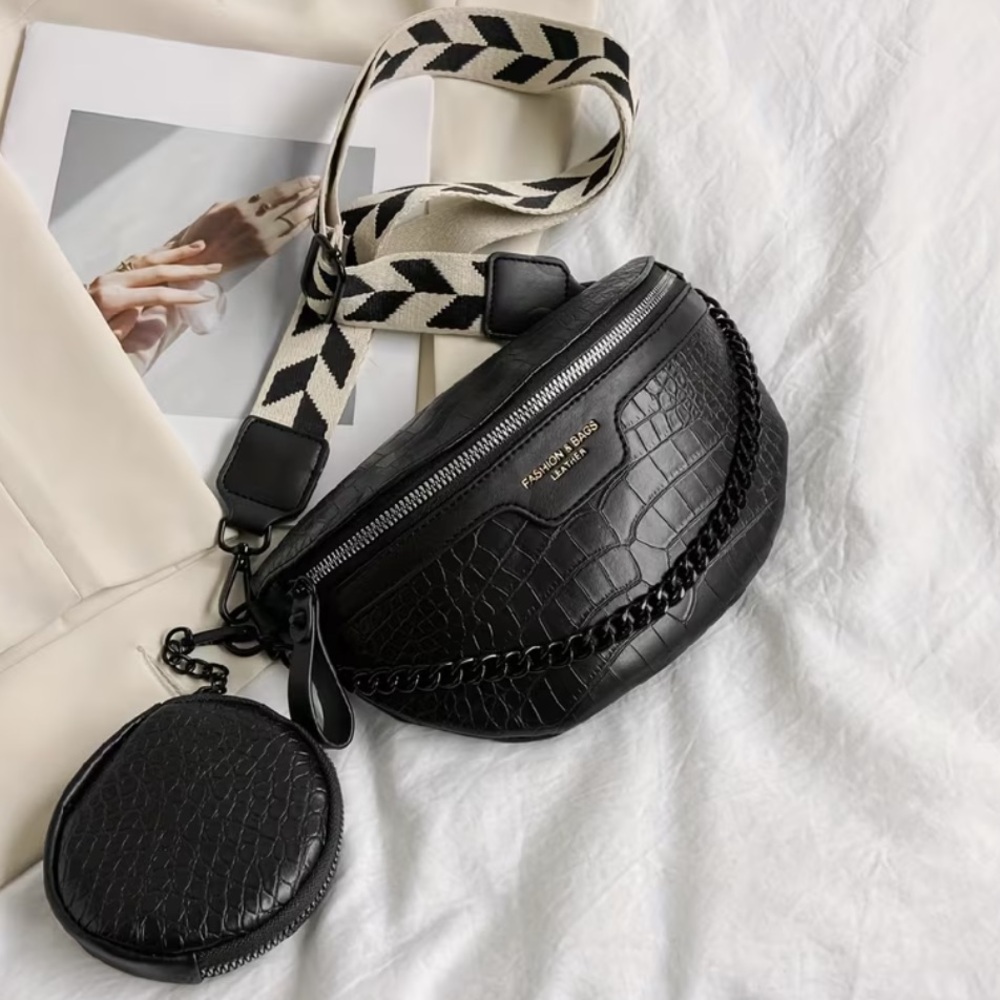 Black Croc-Embossed Women's Crossbody Bag with Chain Detail Faux Leather NWT